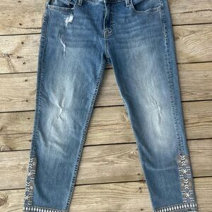 MISS ME Jeans Size 31 Embroidered Hem Skinny Ankle Distressed Boho Denim